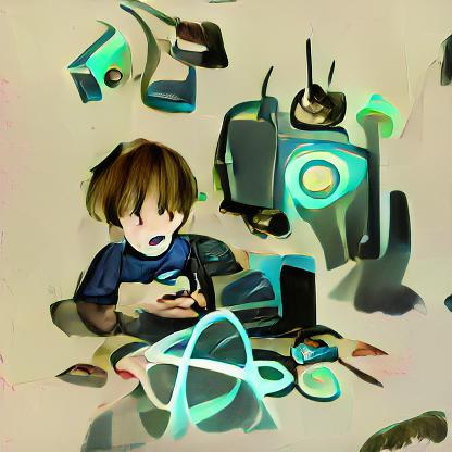 boy surrounded by technological chaos 2