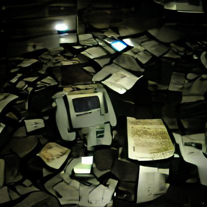 dark room full of machines with documents on the floor 2