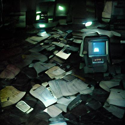 dark room full of machines with documents on the floor 3